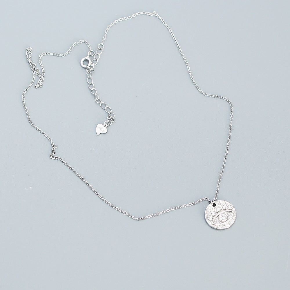 Minimalist Geometric Silver Coin Pendant Necklace with Evil Eye Charm, 925 Sterling Silver Snake Bone and O-Shape Layered Locket Chain
