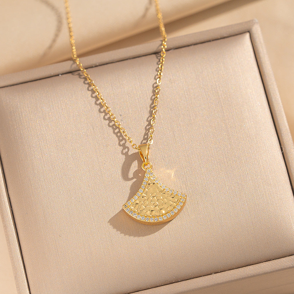 Luxury Minimalist Fan-Shaped Skirt Pendant Necklace in Titanium Steel with Zircon Inlay and Gold Plating for Women