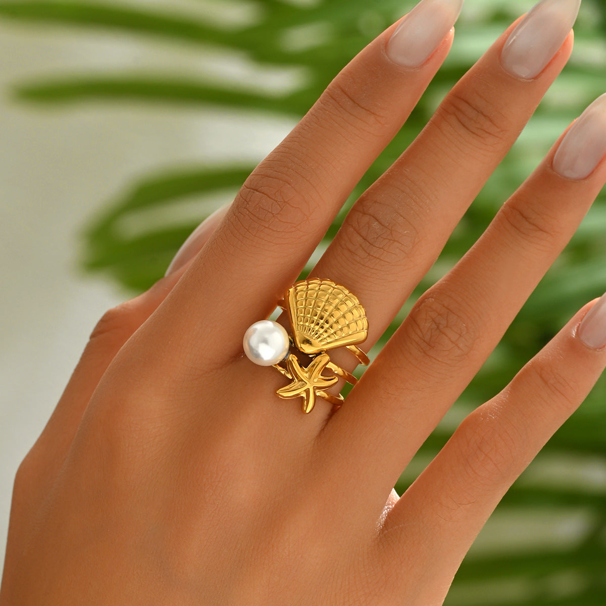 Anillo ajustable para mujer inspirado en el océano con perla e incrustaciones de concha en diseño geométrico de cobre Joyería de moda para uso diario