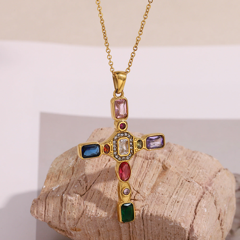 Collana Pendente a Croce Geometrica Ispirata alla Francia Vintage in Acciaio Inossidabile con Placcatura in Oro 18 carati da Donna