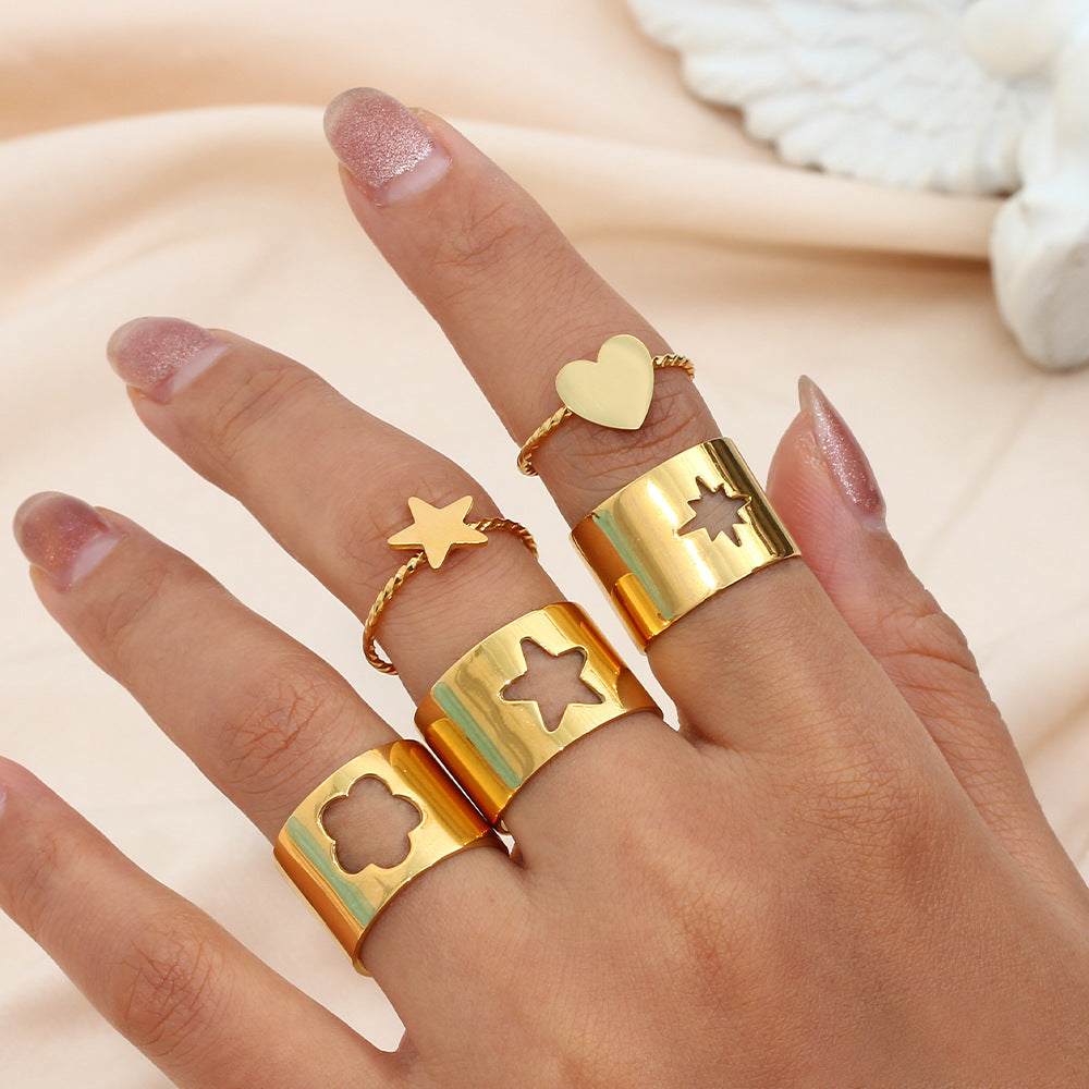 Minimalist Adjustable Butterfly and Crescent Moon Ring for Women in Electroplated 18K Stainless Steel with Hollow-Out Geometric Design