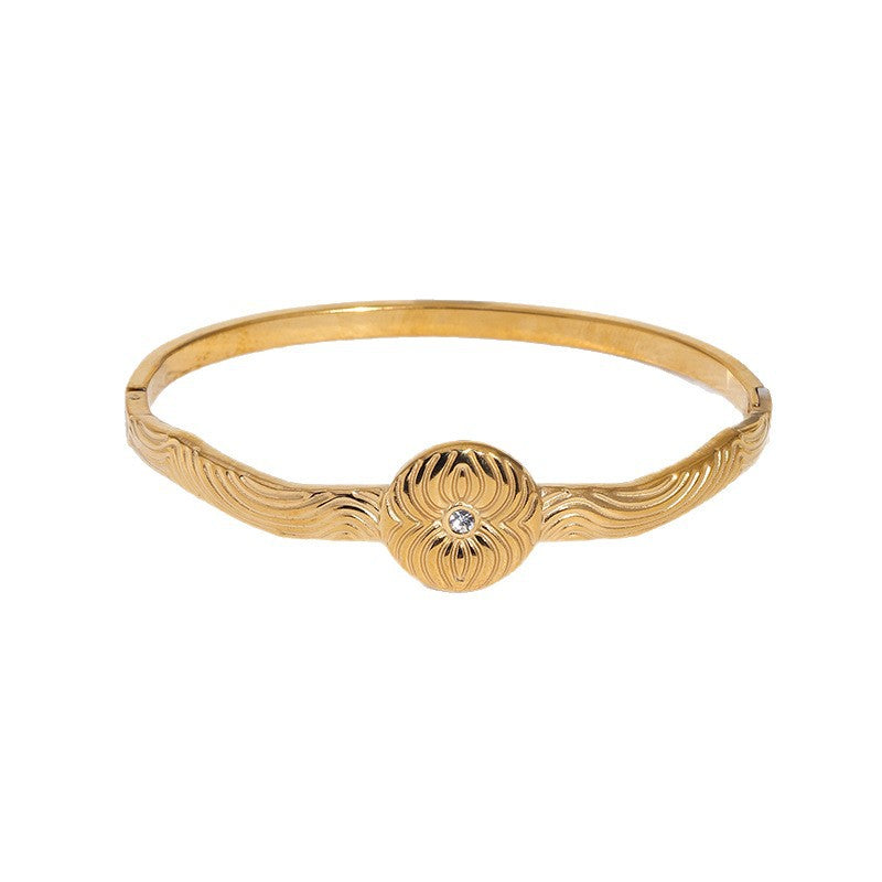 Minimalist Gold Plated Striped Geometric Round Stainless Steel Bracelet for Women