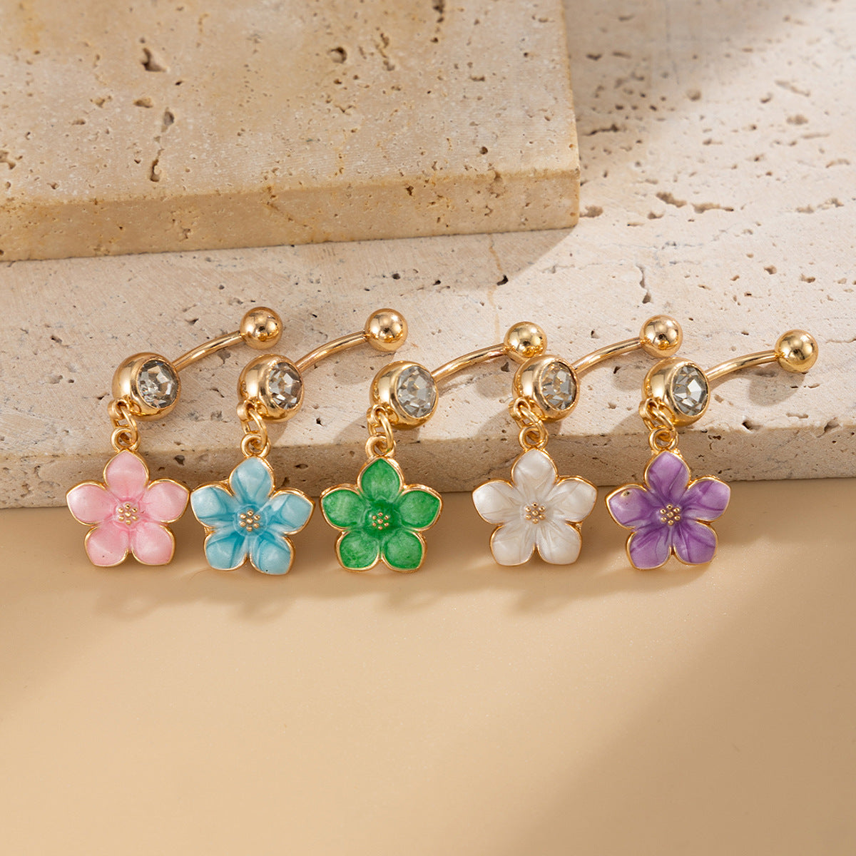 Sweet Floral Rhinestone Inlay Drip Oil Plated Stainless Steel Belly Button Ring