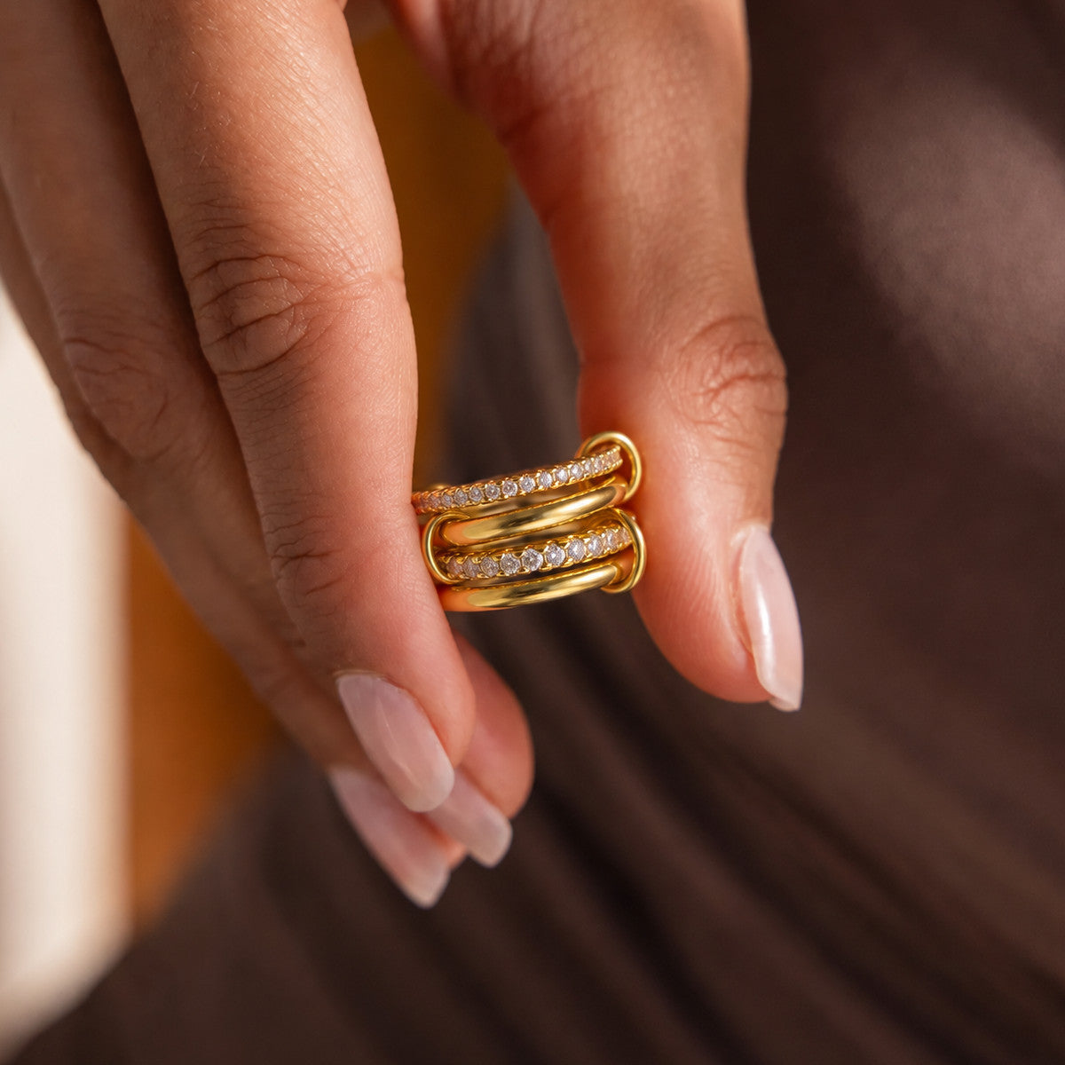 18K Gold Plated Stainless Steel Geometric Ring with Cubic Zirconia Inlay for Women