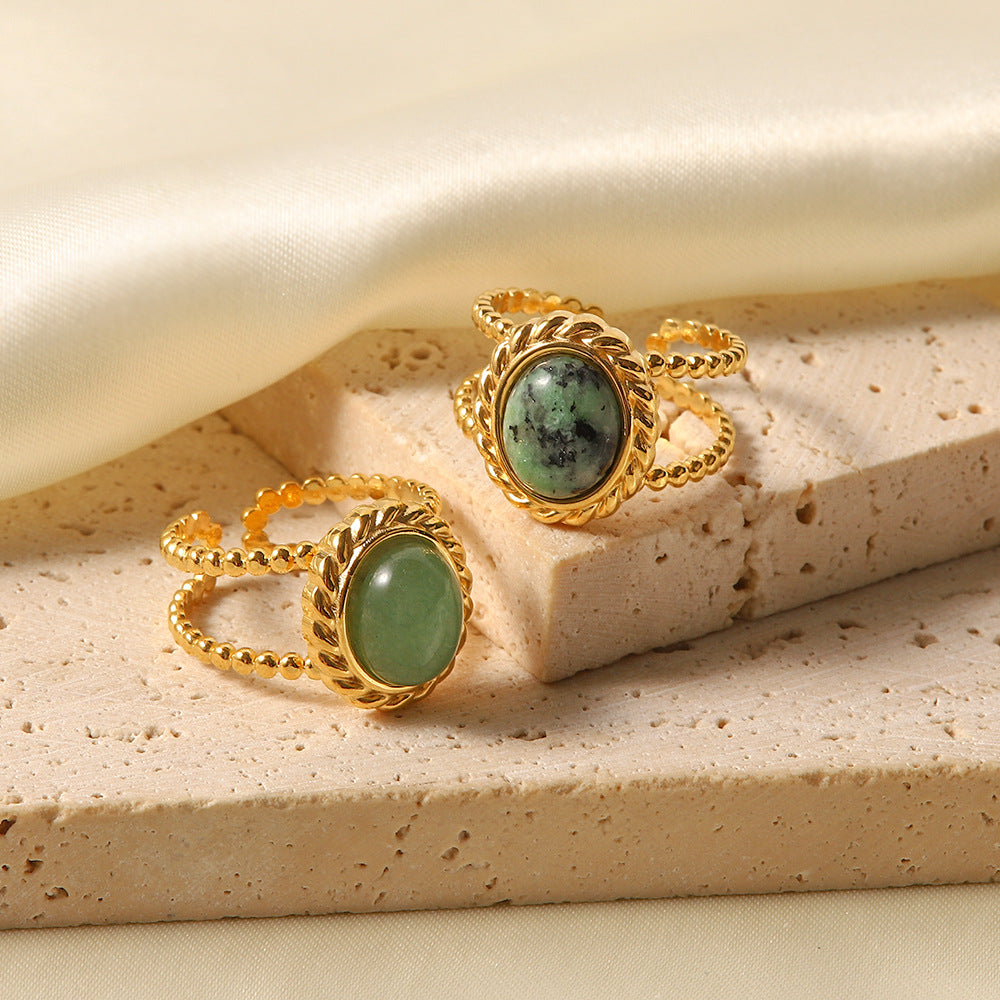 Anello da donna in acciaio inossidabile con motivo geometrico stile vintage e intarsi in pietra naturale, anello alla moda con fascia aperta regolabile