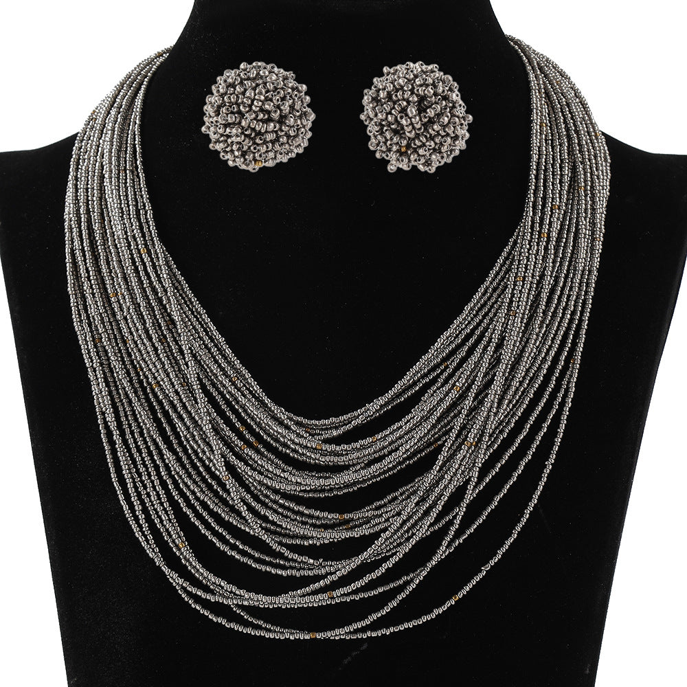 Bohemian Multi-Layer Glass Seed Bead Necklace and Earrings Set for Women with Line Pattern and Ethnic Design