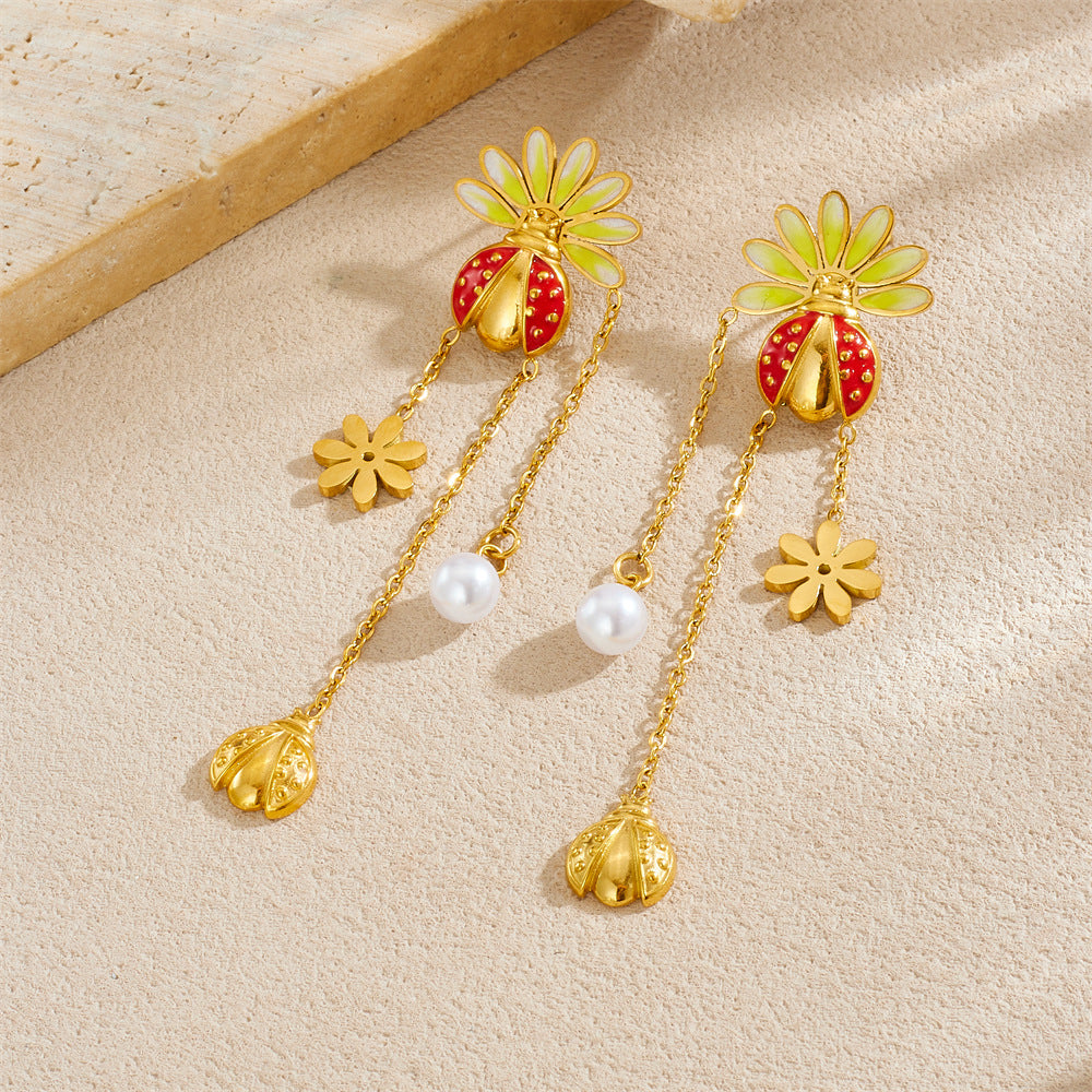 Cute Cartoon Ladybug Drip Oil Yellow White Gradient Pearl Tassel Necklace and Earring Set for Women