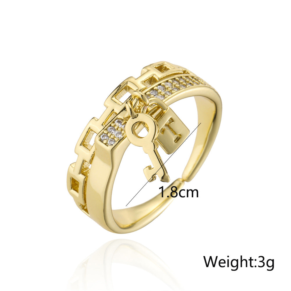 Geometric Open Key Lock Ring for Women in Copper with 18K Gold Plating and Micro-Pave Zirconia