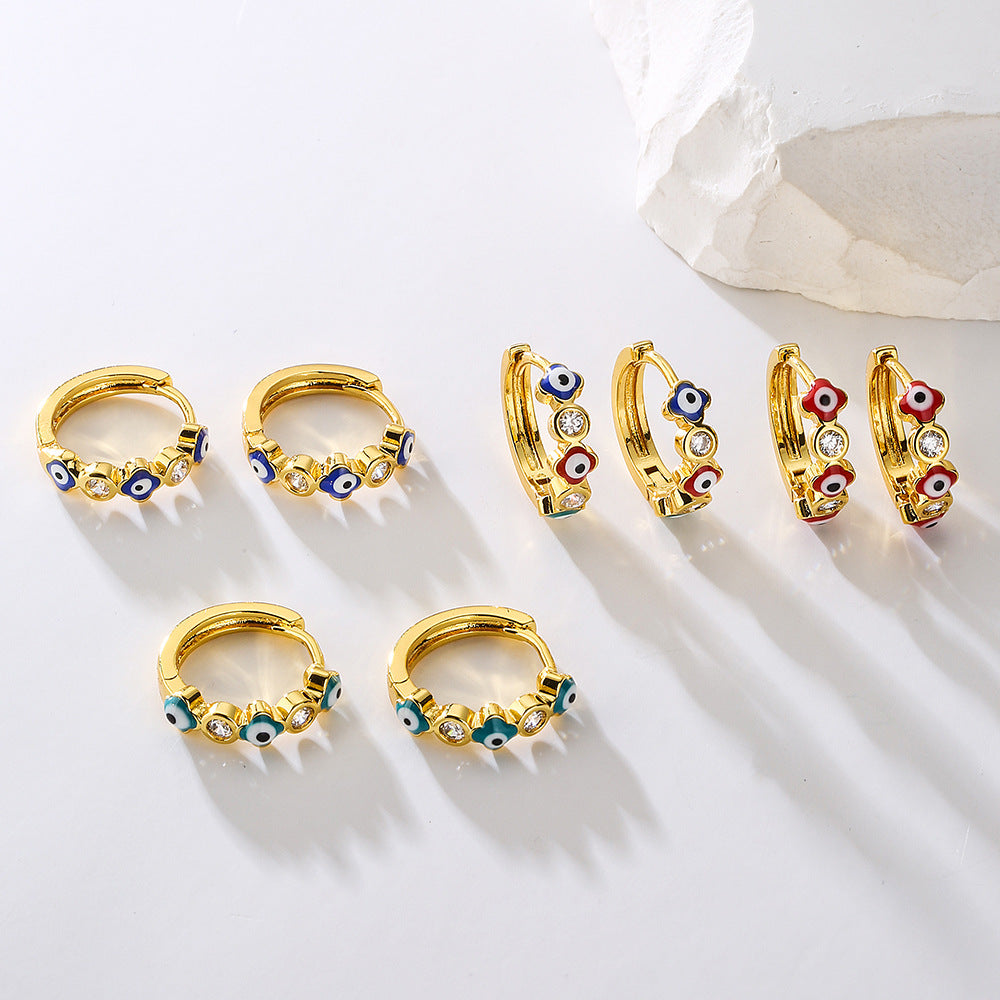Orecchini da donna geometrici mini retrò a forma di occhio diabolico in rame con placcatura in oro 18K e intarsio di zirconi