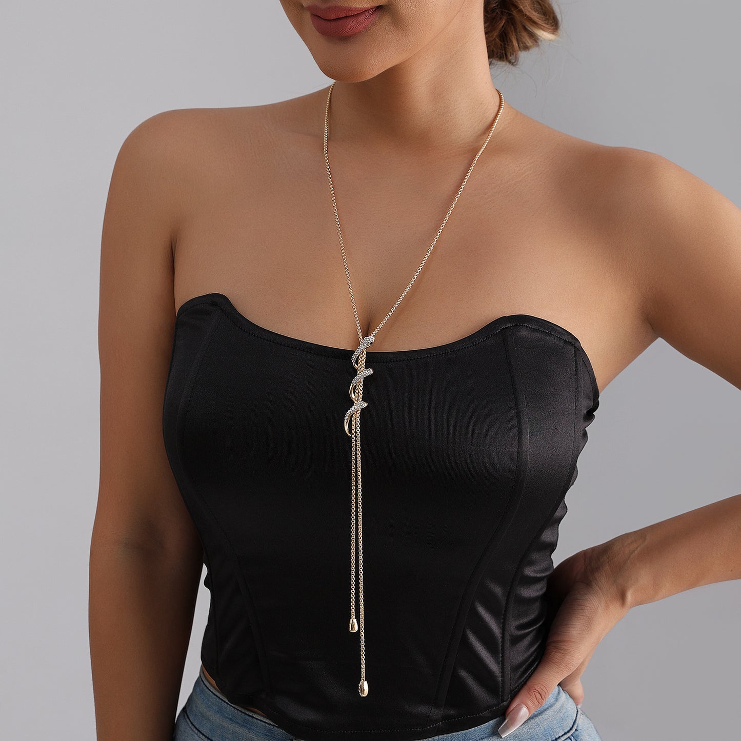 Sexy Rhinestone Inlaid Geometric Snake Pendant Alloy Plated Long Necklace for Women