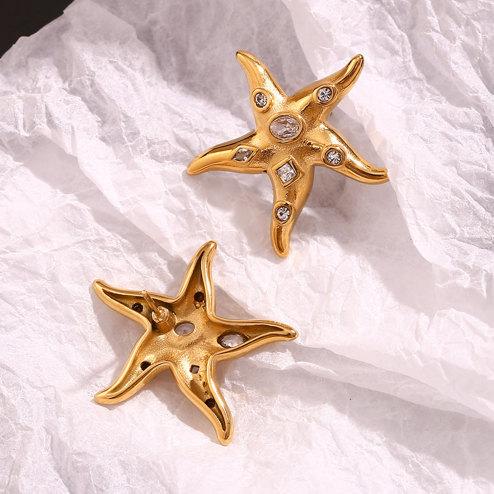 Orecchini a perno a forma di stella irregolare geometrica d'ispirazione vintage in acciaio inossidabile placcato oro 18K con strass