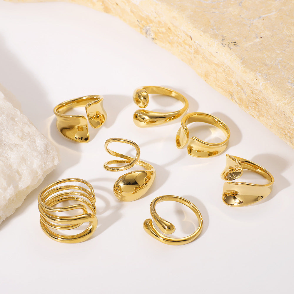 Geometric Teardrop-Shaped Stainless Steel Ring with Polished Finish and 18K Vacuum Plating for Women