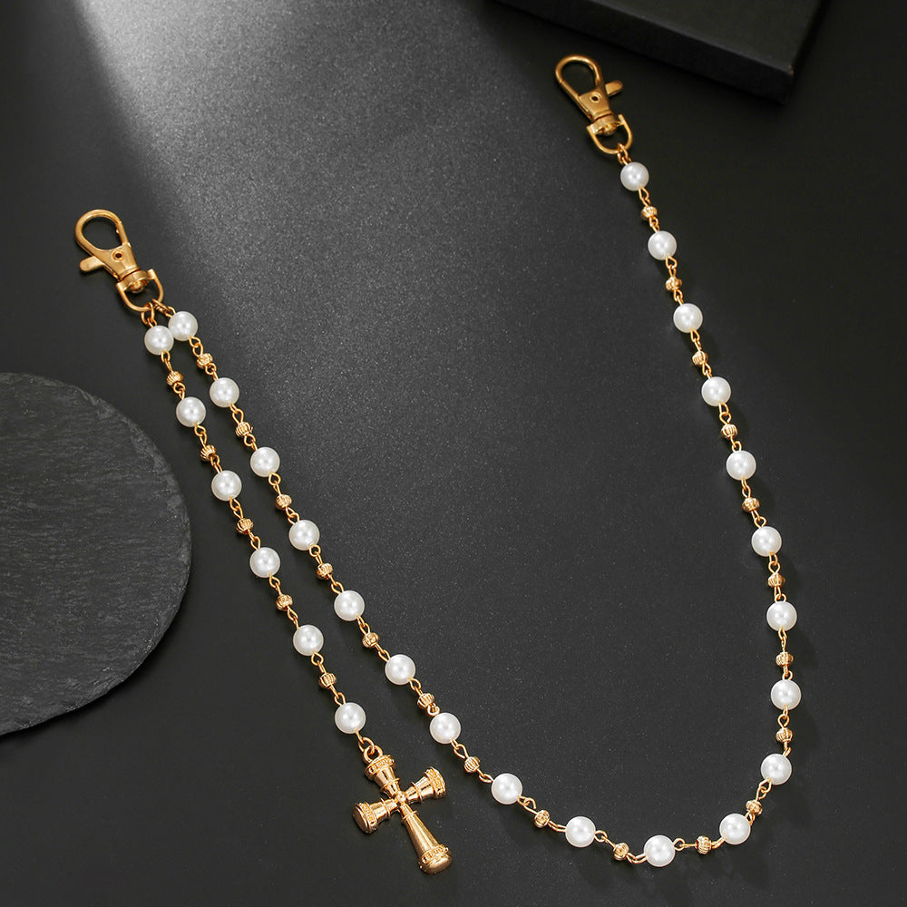 Punk Hip-hop Floral Rhinestone and Faux Pearl Polished Acrylic Waist Chain for Unisex