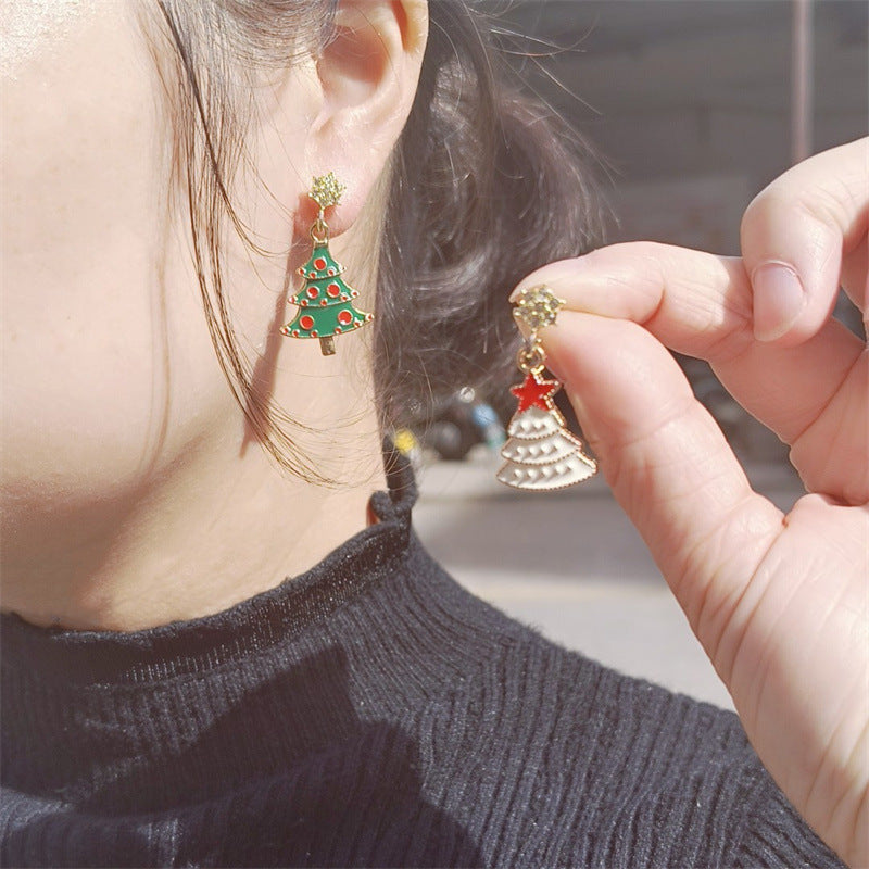 Pendientes de estrella de árbol de Navidad rosados de moda para mujer, aretes geométricos chapados en aleación con temática festiva de vacaciones