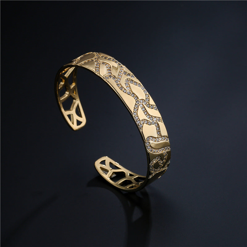 Geometric Brass Micro-Inlaid Cubic Zirconia Gold Plated Open Cuff Bracelet