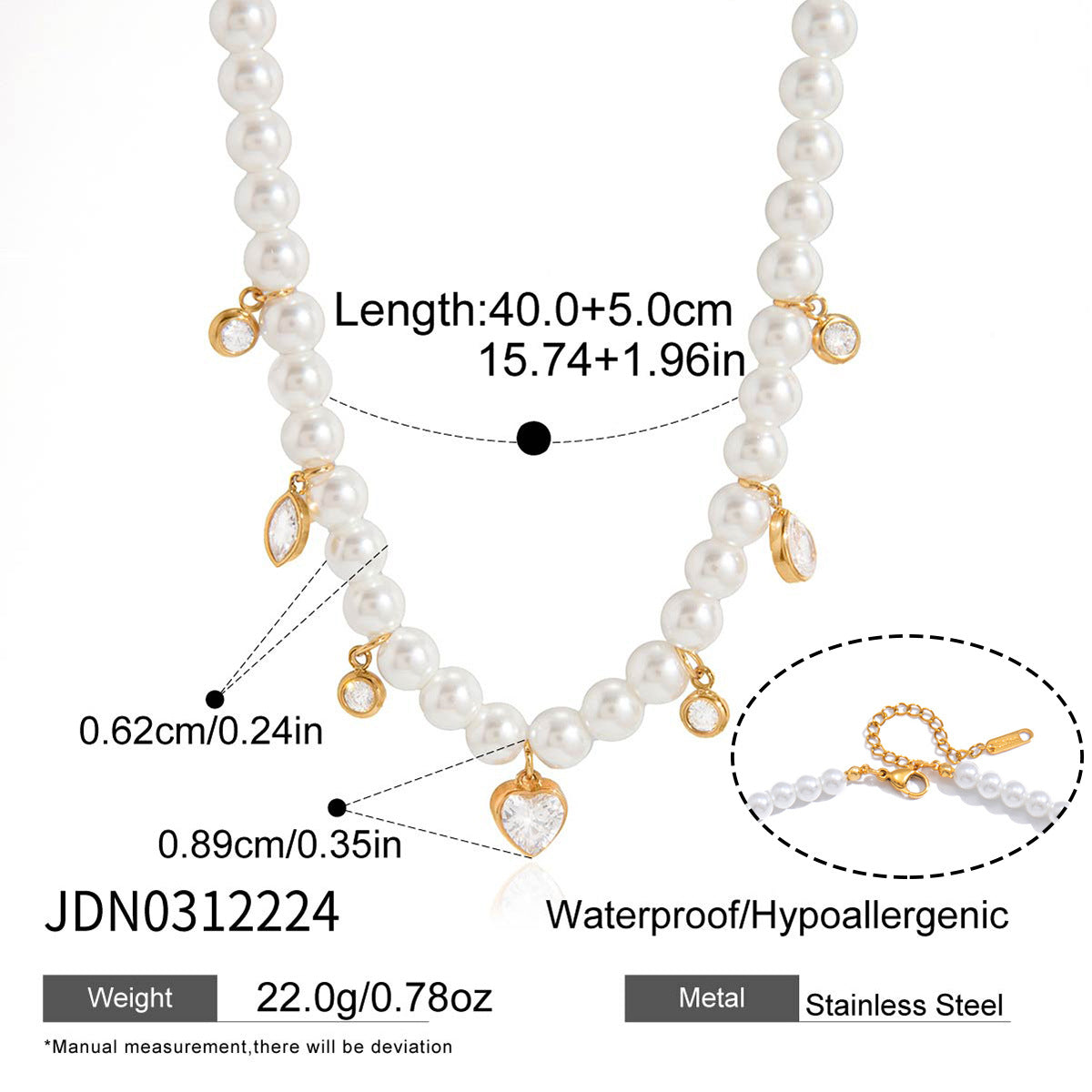 Minimalist Geometric Heart Stainless Steel Necklace with Simulated Pearl and Cubic Zirconia PVD Plated for Women