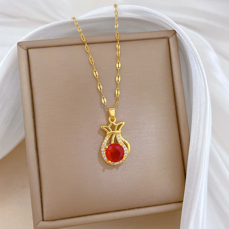 Sweet Luxury Geometric Red Lucky Bag Rhinestone Pendant Necklace Titanium Steel Cable Chain for Unisex