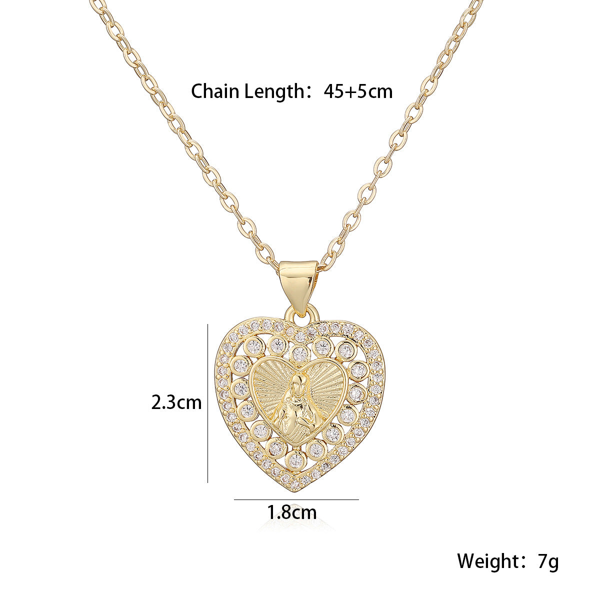 Vintage Minimalist Heart Brass Gold Plated Cubic Zirconia Maria Pendant Necklace