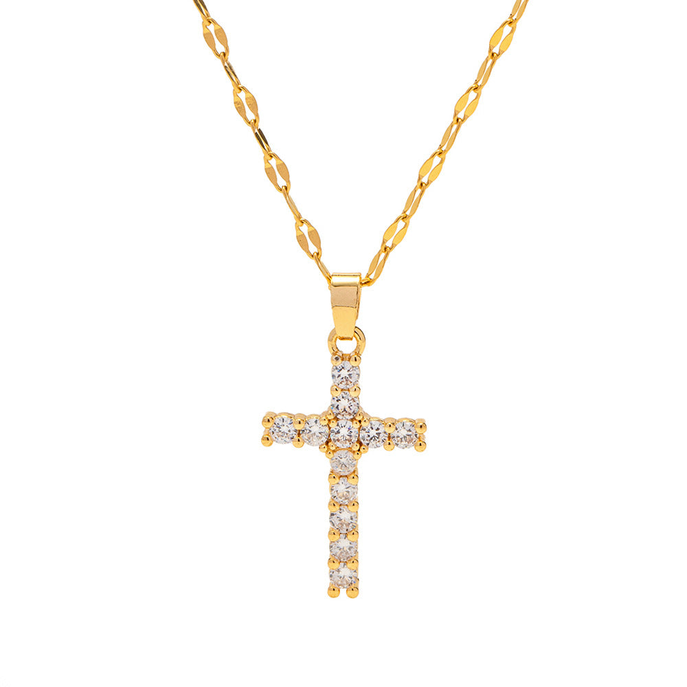 Minimalist 18K Gold Plated Stainless Steel Cross Pendant Necklace with White Zircon for Women