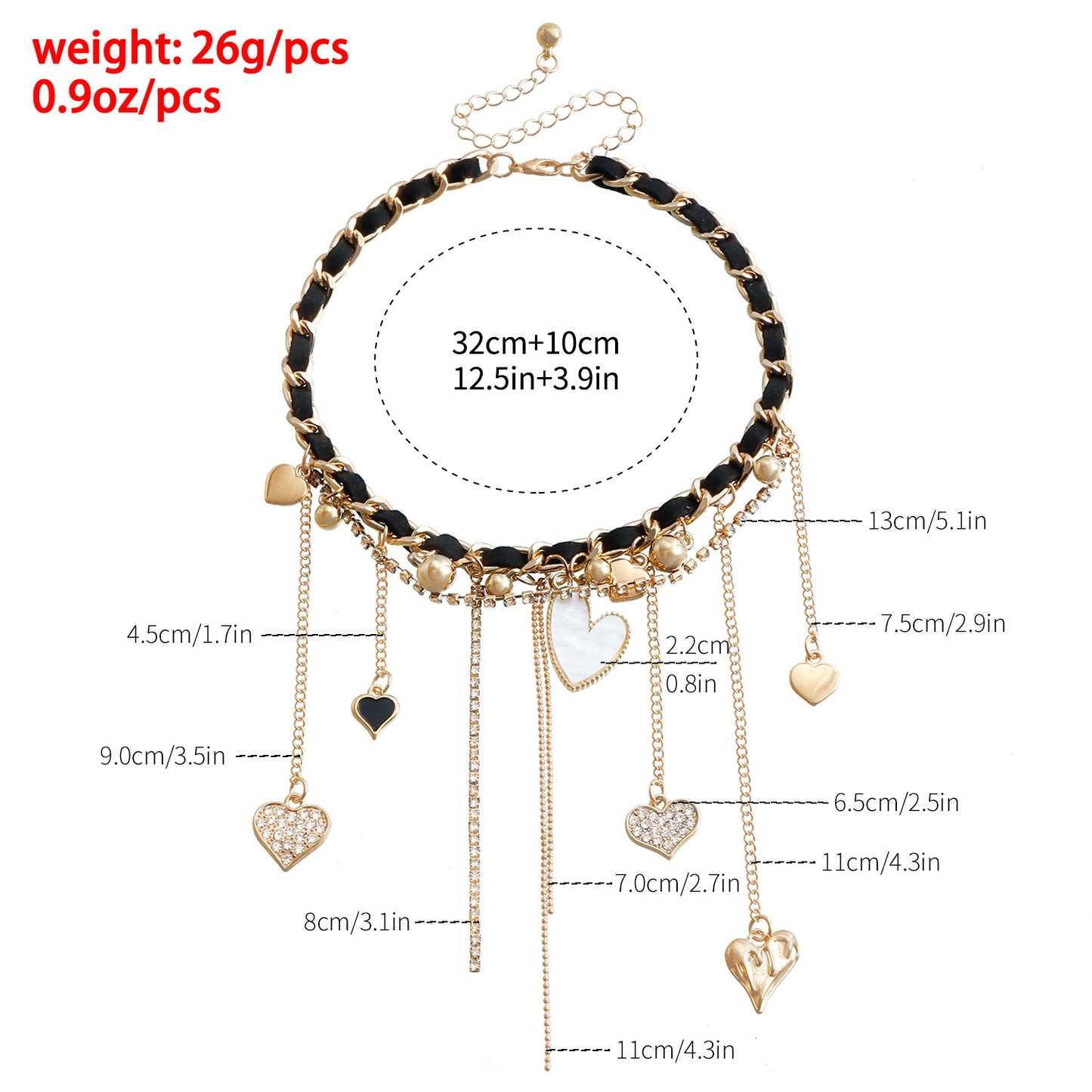 Collana da donna a croce con ciondolo a cuore e nappe chic, in lega placcata con strass