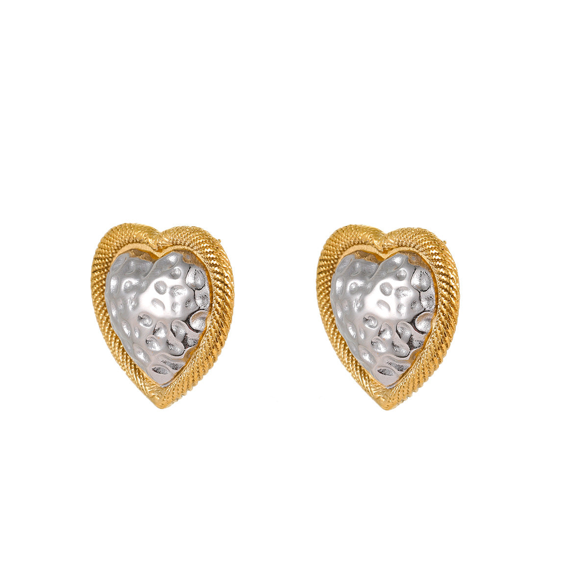 Elegantes pendientes de acero inoxidable con forma de corazón martillado y acabado chapado para mujer