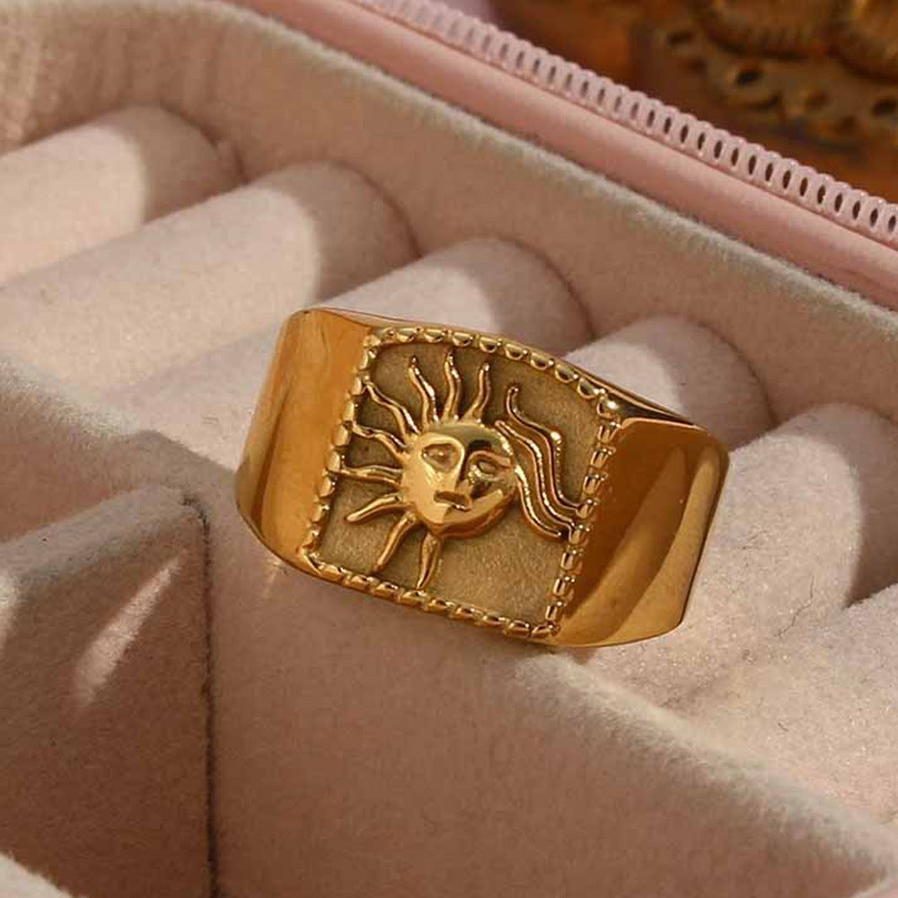 Minimalist Geometric Stainless Steel Ring with 18K Gold Plating Sun Motif Fashion Accessory for Women