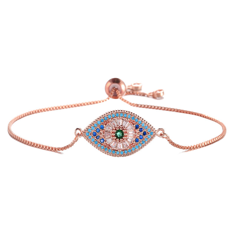 Minimalist Geometric Eye Brass Box Chain Bracelet with Micro-Inlaid Colorful Cubic Zirconia Adjustable Drawstring