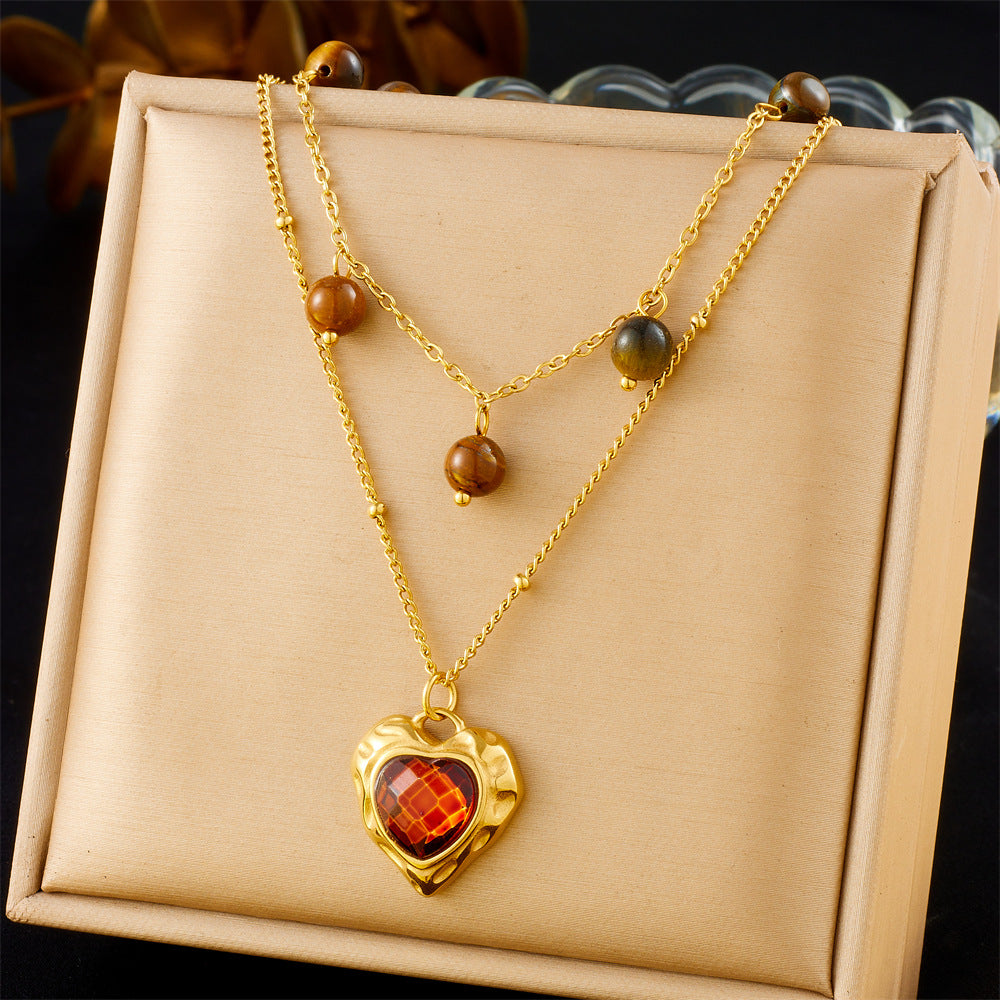 Vintage Heart Tiger's Eye Plated Stainless Steel Layered Necklace for Women