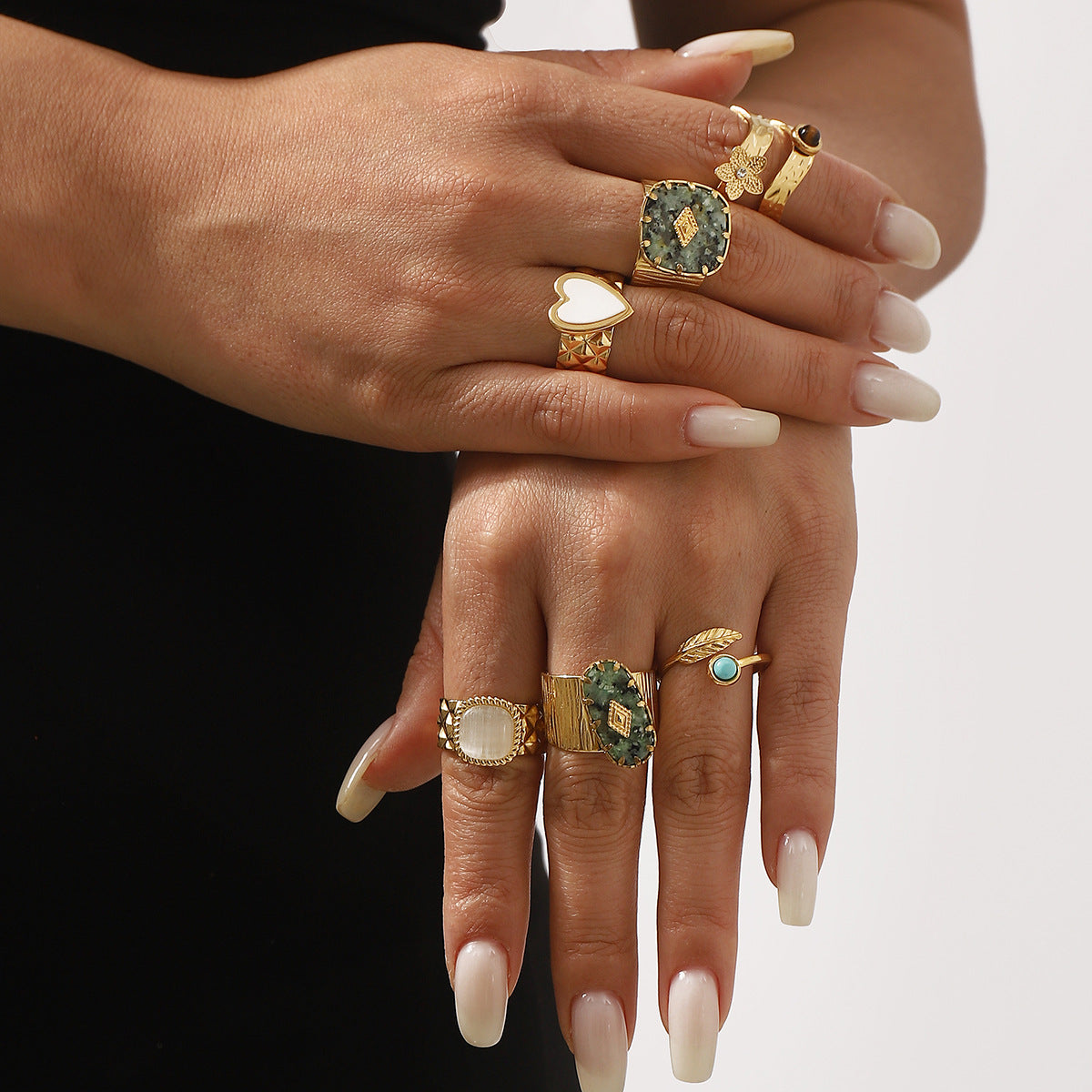 Vintage Ethnic Style Heart-Shaped Stainless Steel Adjustable Ring with Turquoise and Shell Inlay