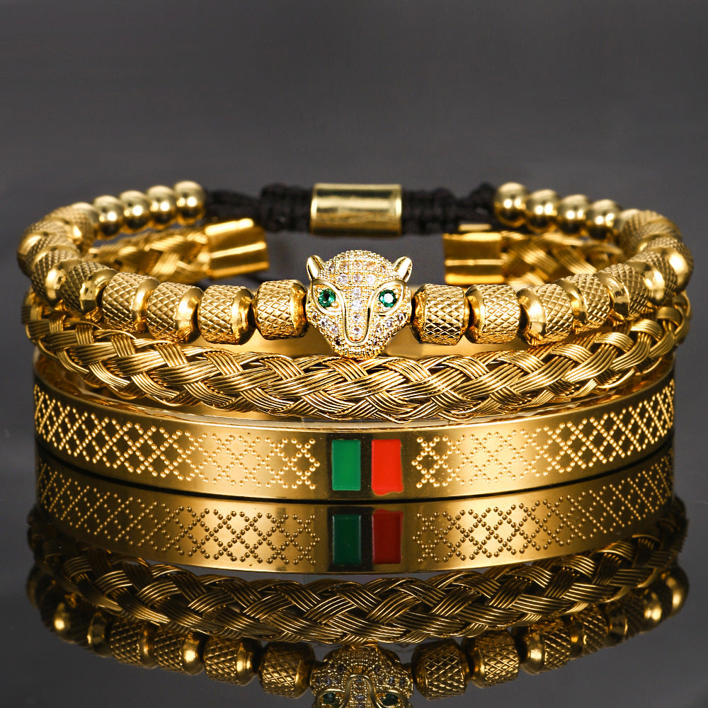 Hip-hop Men's Brass Cubic Zirconia Leopard Head Stainless Steel Bracelet Cuff Set