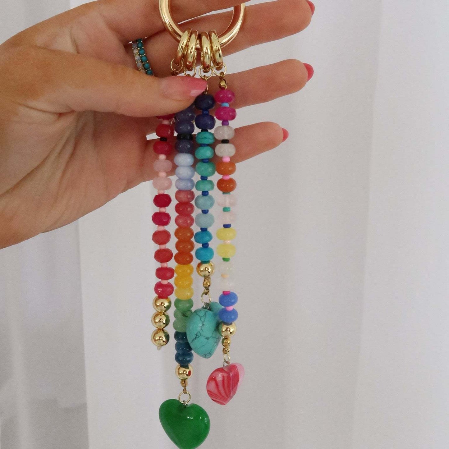 Sweet Heart Geometric Titanium Steel Plated Bag Charm Bar with Colorful Beads and Keychain