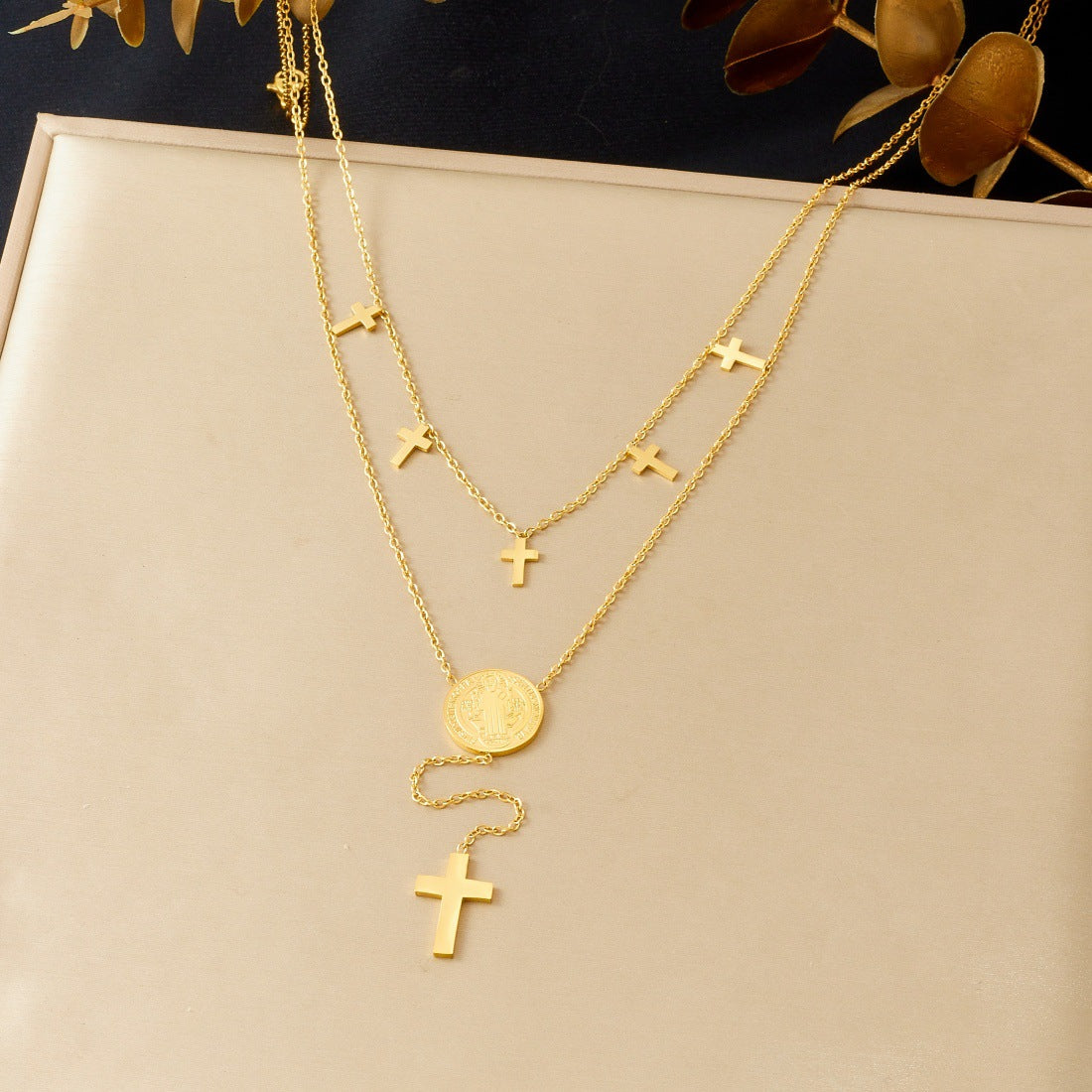 Minimalist Elegant Stainless Steel Plated Double Layer Round Cross Coin Pendant Necklace for Women