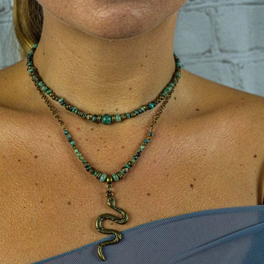 Vintage Bohemian Geometric Snake Alloy Pendant Necklace with Turquoise Beads for Women