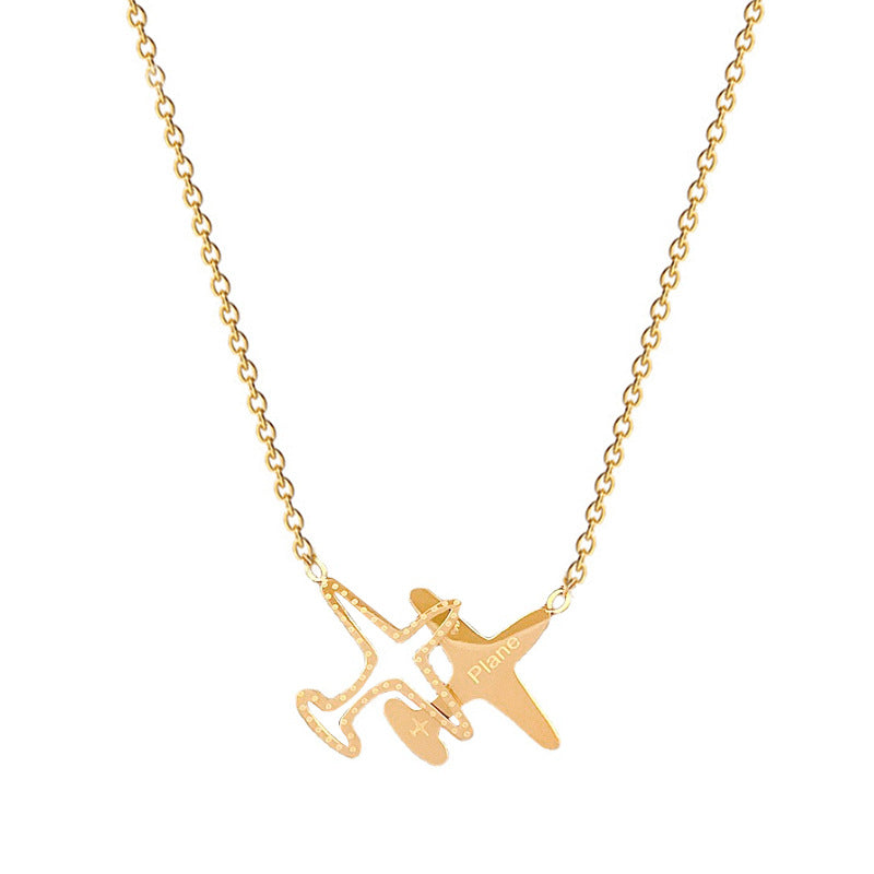 Minimalist Titanium Steel Geometric Airplane Pendant Necklace for Women and Men, Gold-Plated Clavicle Chain with Modern Office Style