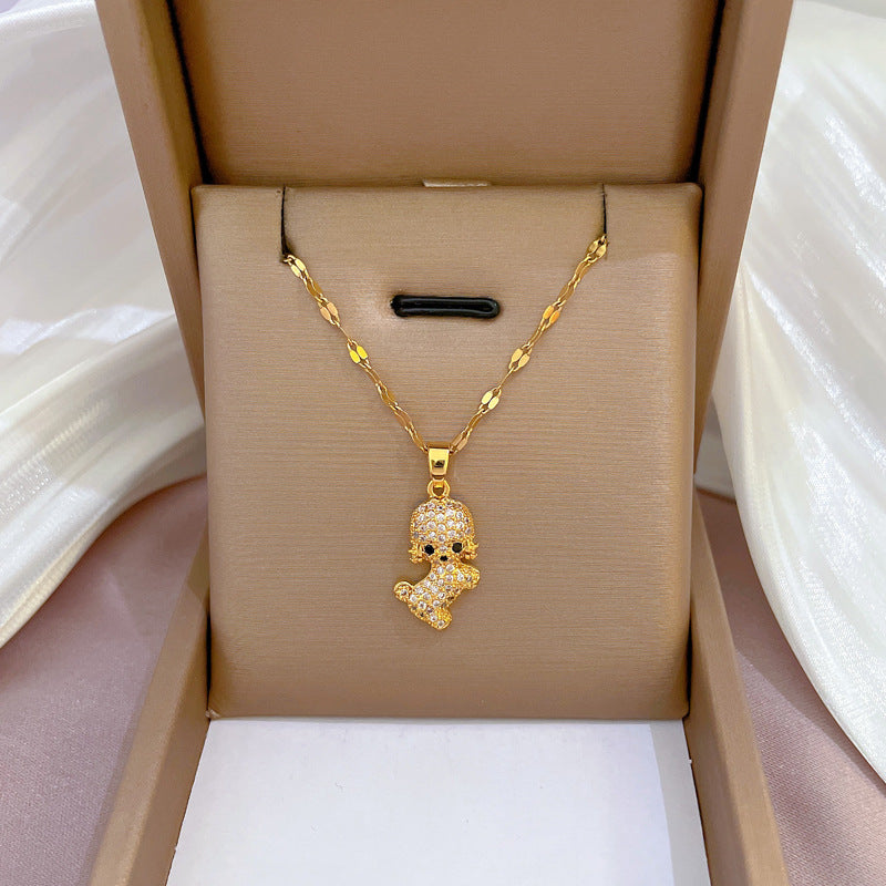 Luxury Cute Geometric Dog Pendant Necklace Titanium Steel Rhinestone Inlaid
