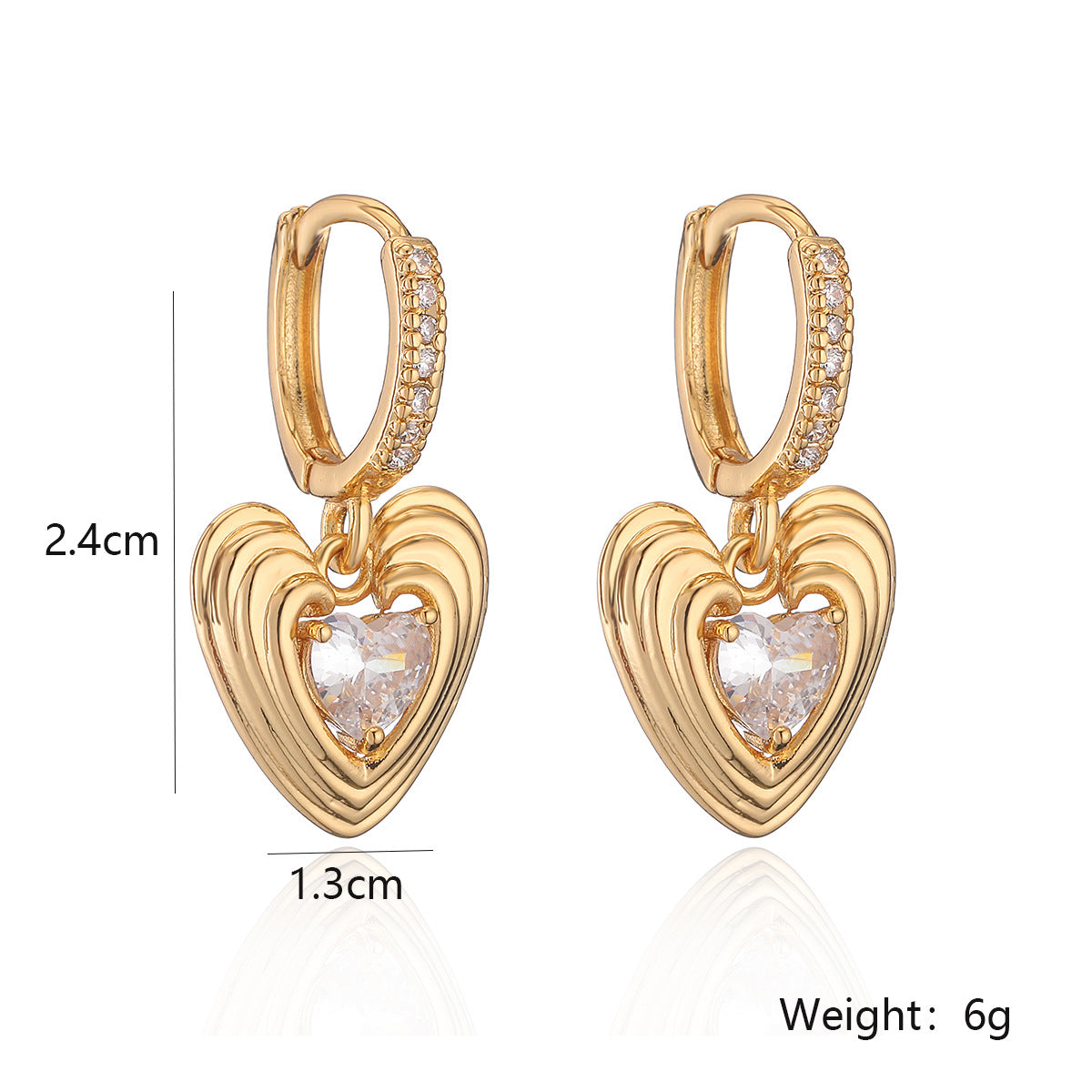 Minimalist Heart-Shaped Copper Earrings with Real Gold Plating and Zircon Inlay for Women