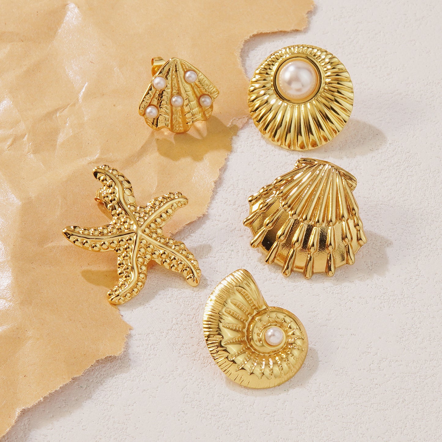 Beach Style Stainless Steel Geometric Starfish Shell Stud Earrings for Women