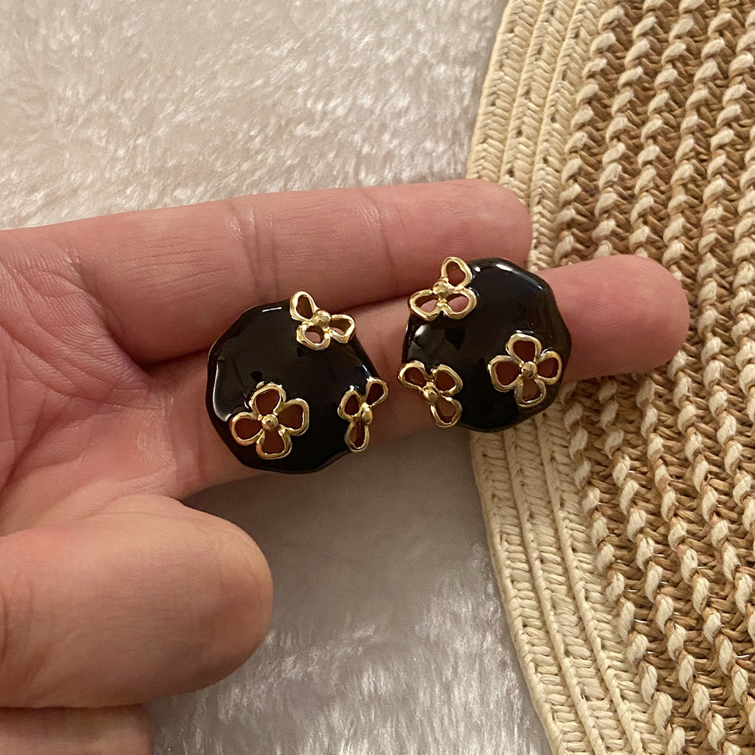 Vintage Floral Enamel Stainless Steel Stud Earrings with Hollow-Out Round Flower Design for Women