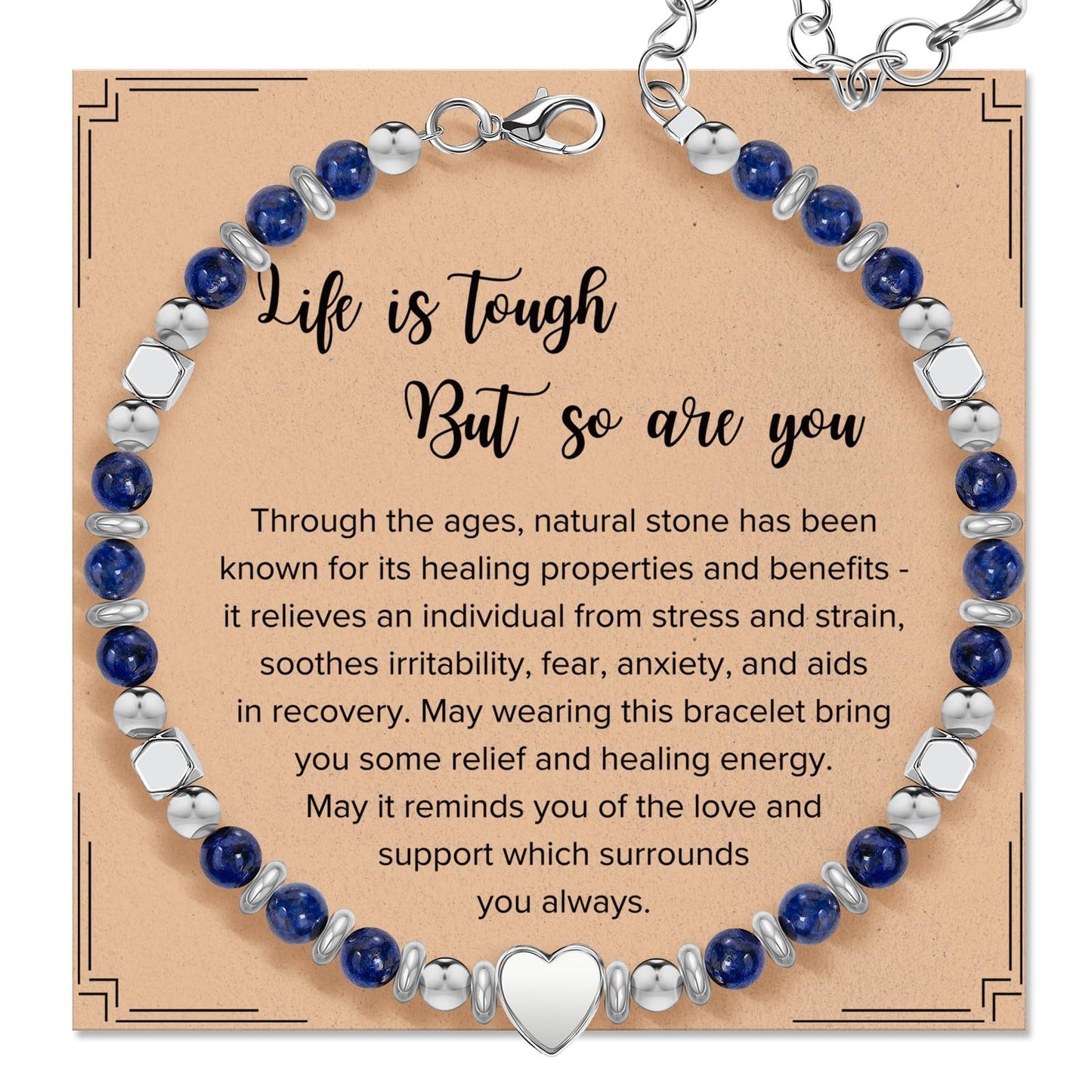 Natural Stone Lapis Lazuli Heart Charm Bar Stainless Steel Adjustable Bracelet Unisex Gift