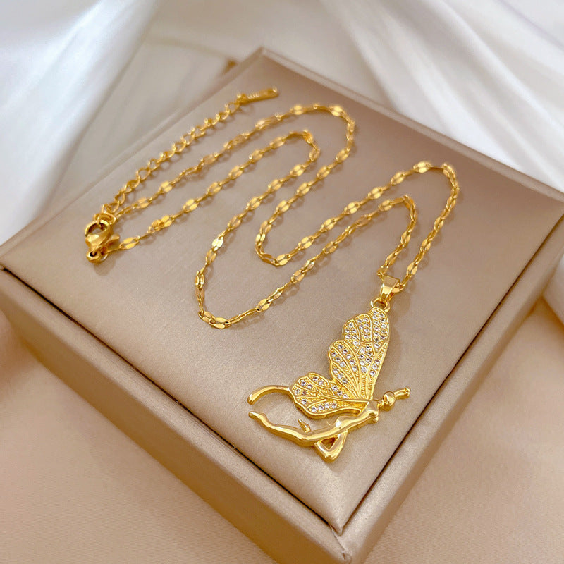 Collana da donna a farfalla in acciaio al titanio con finitura placcata, ciondolo geometrico, elegante catena per clavicola per feste di matrimonio e occasioni formali