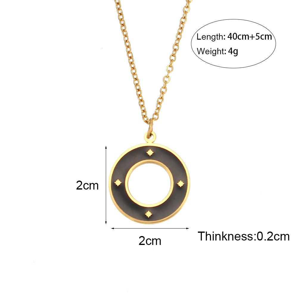 Vintage Style Geometric Round Enamel Pendant Necklace in Titanium Steel with 18K Gold Plating for Women
