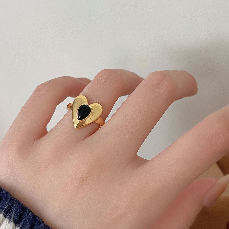 Minimalist Heart-Shaped 925 Sterling Silver Ring with Black Onyx Inlay for Women