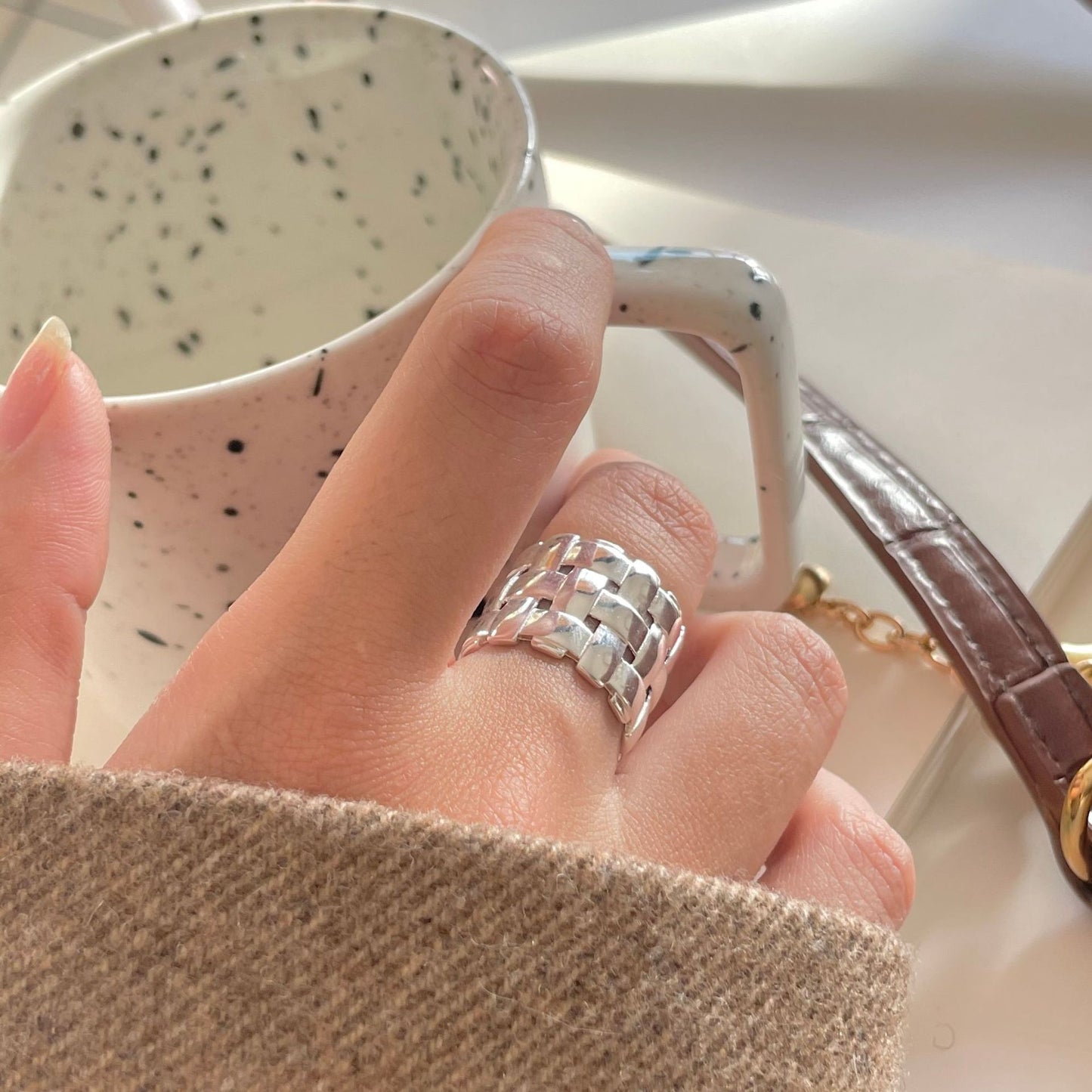 Sweet Minimalist 925 Sterling Silver Geometric Open Ring with Abstract Inlay Design for Women