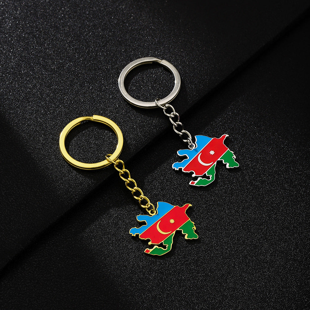 Llavero Colgante Vintage con Mapa y Bandera Étnica de Azerbaiyán en Acero de Titanio, Accesorio Unisex