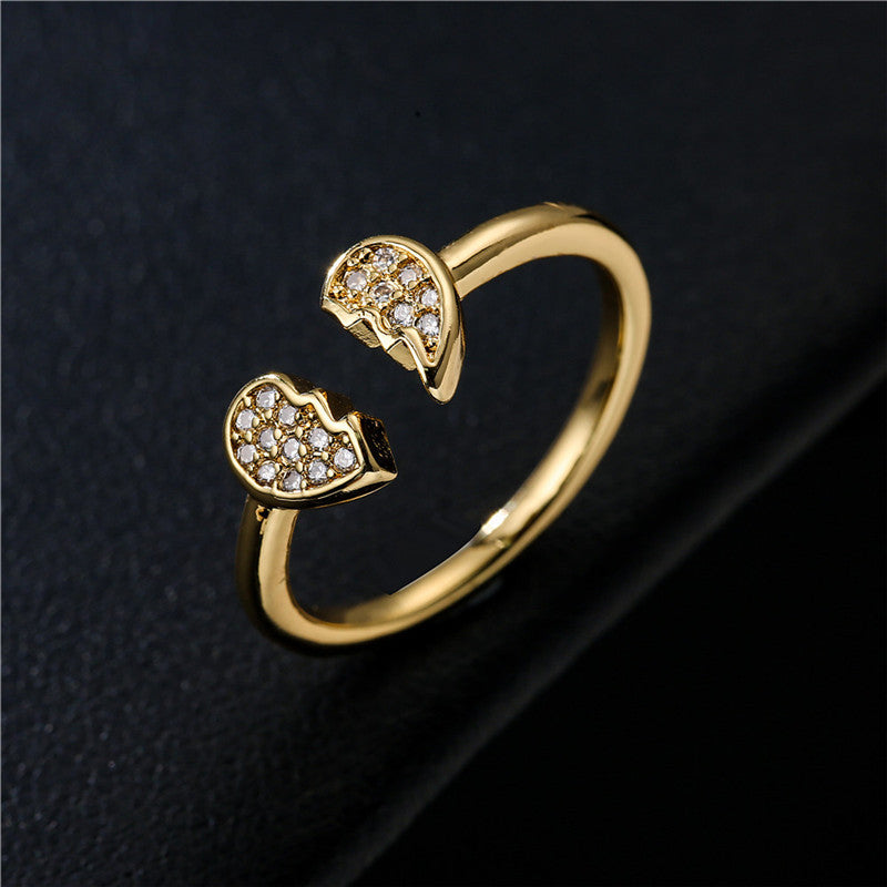 18K Gold Plated Brass Micro-inlay Cubic Zirconia Heart Ring for Women Adjustable