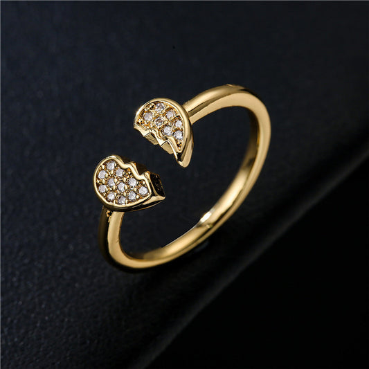 18K Gold Plated Brass Micro-inlay Cubic Zirconia Heart Ring for Women Adjustable