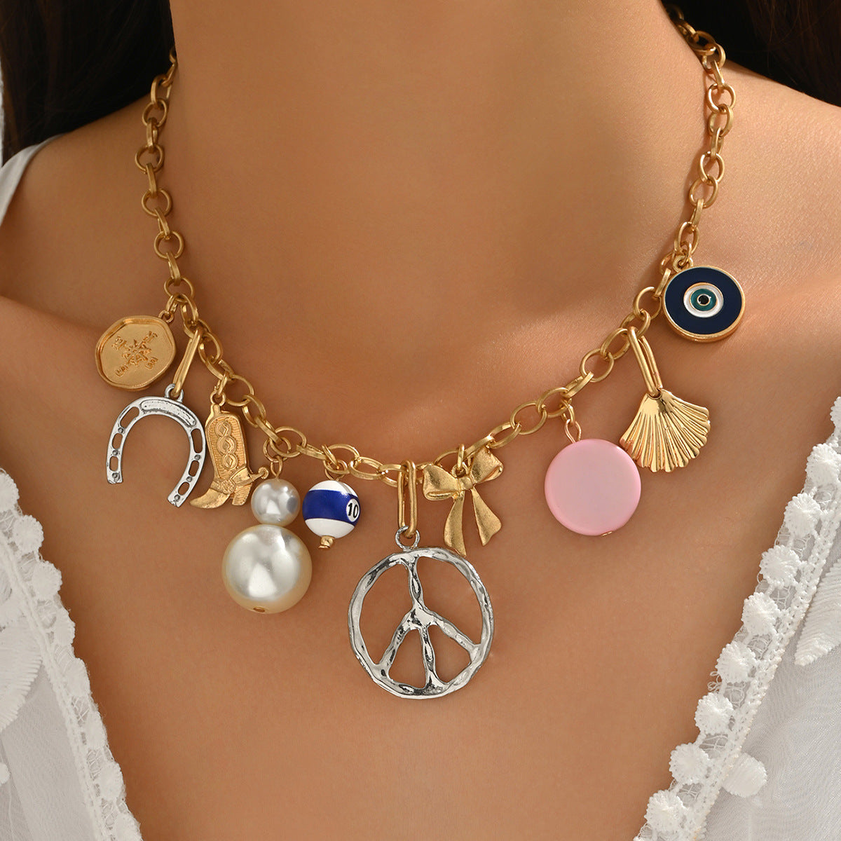Geometric Rhombus Pearl Pendant Long Necklace for Women with Alloy Chain in Fashion Commuter Style