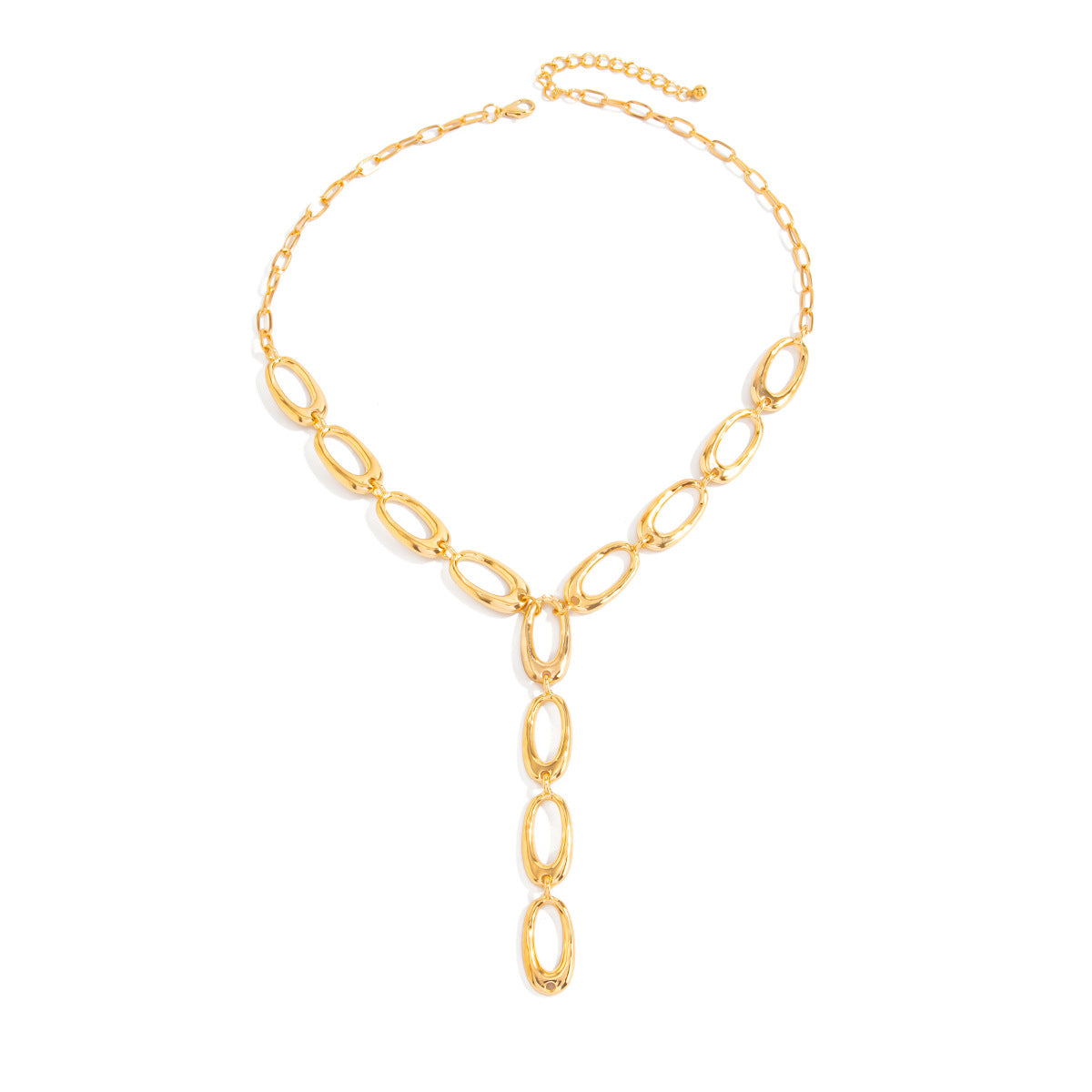 Sweet Geometric Oval Zinc Alloy Plated Y-Shaped Cross Cable Chain Necklace with Tassel Pendant for Women