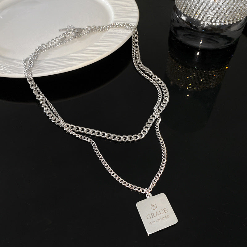 Minimalist Streetwear Silver Plated Titanium Steel Square Geometric Letter Pendant Necklace for Unisex