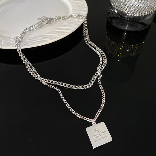 Minimalist Streetwear Silver Plated Titanium Steel Square Geometric Letter Pendant Necklace for Unisex